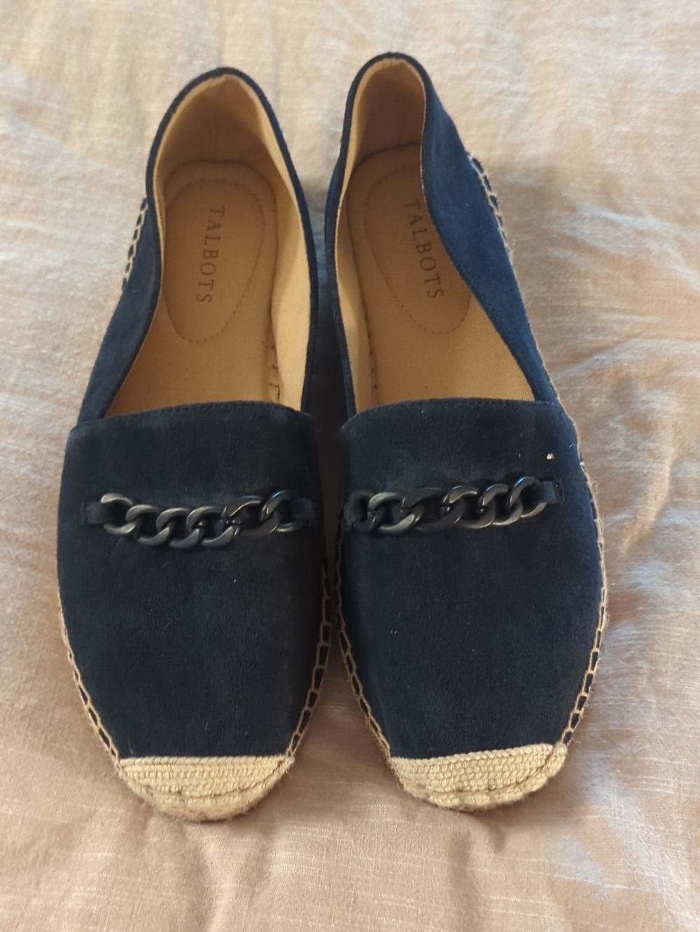 Talbots Navy Suede Espadrille Loafers with Chain Detail